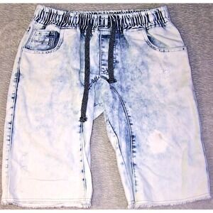 CN Blue Shorts Men's 31X14 Drawstring Elastic Waist Acid‎ Wash Tie Dye